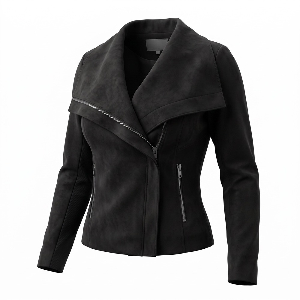 SL8 Faux Suede Moto Jacket M Black Asymmetrical Zip Draped Collar Edgy Chic